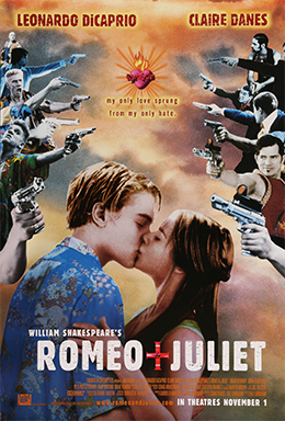 레오나르도 디카프리오와 클레어 데인스가 등장하는 1996년 영화 로미오 + 줄리엣 포스터