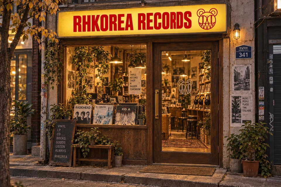 노란 RHKOREA RECORDS 간판 아래, 따뜻한 불빛이 새어 나오는 레코드숍 유리문